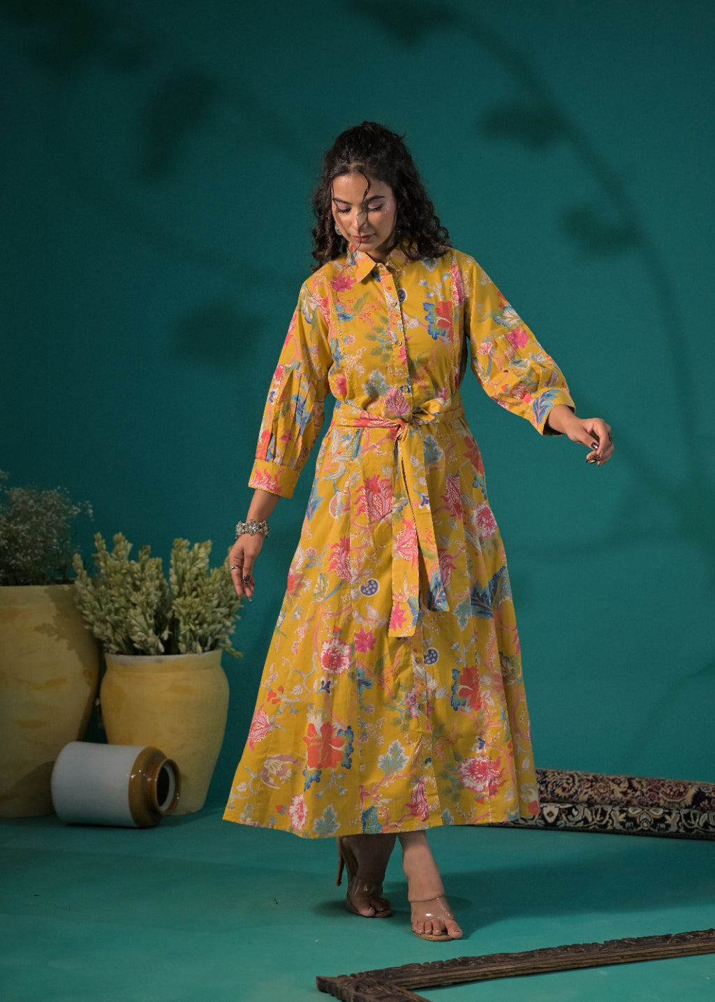 Floral Printed Shirt-Style Maxi Dress