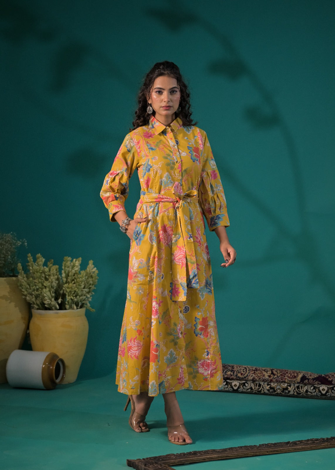 Floral Printed Shirt-Style Maxi Dress