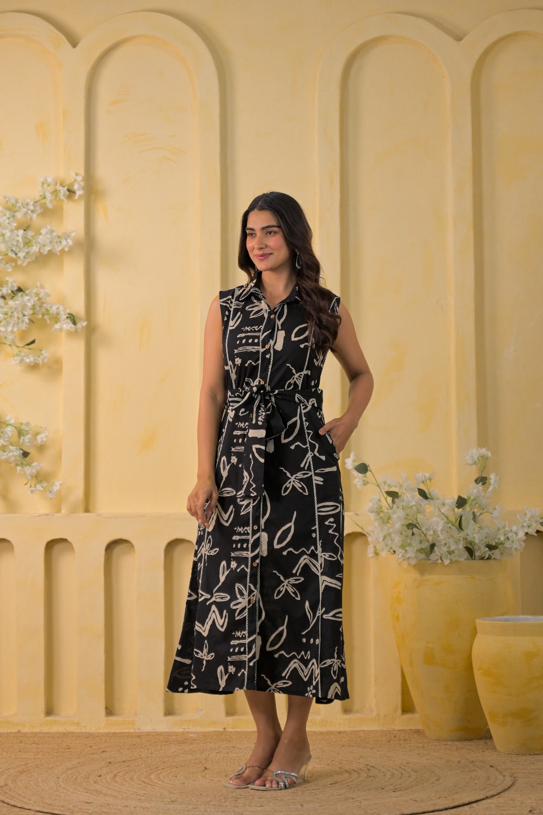 Abstract Printed Shirt-Style Midi Dress