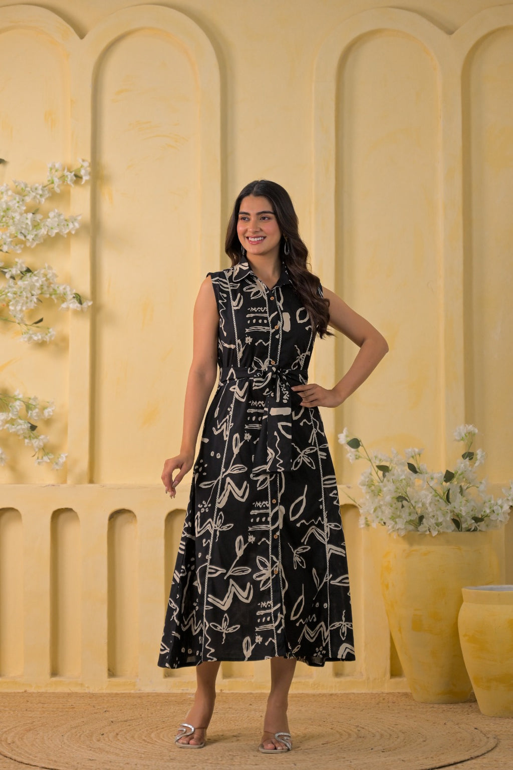 Abstract Printed Shirt-Style Midi Dress