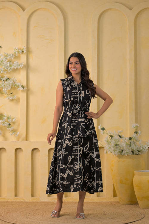 Abstract Printed Shirt-Style Midi Dress