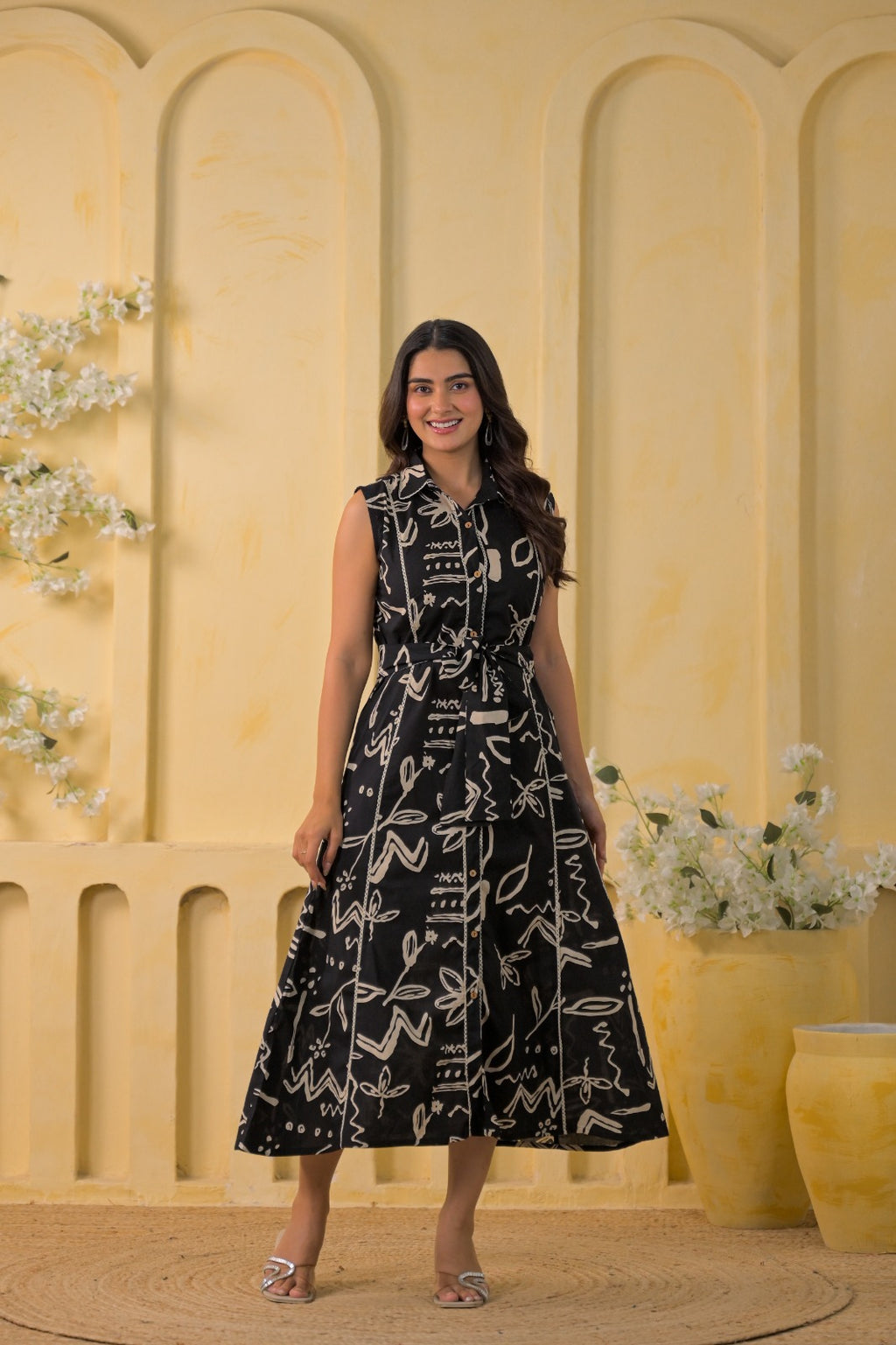 Abstract Printed Shirt-Style Midi Dress