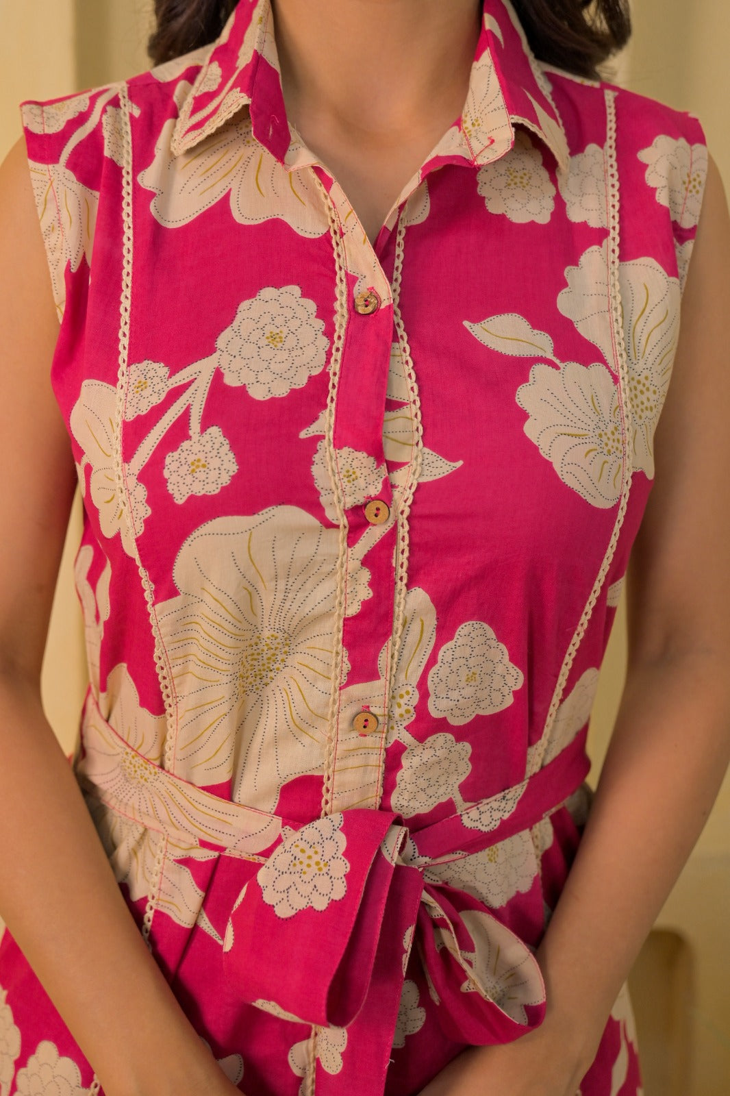 Floral Printed Sleeveless Shirt-Style Midi Dress