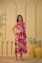 Floral Printed Sleeveless Shirt-Style Midi Dress