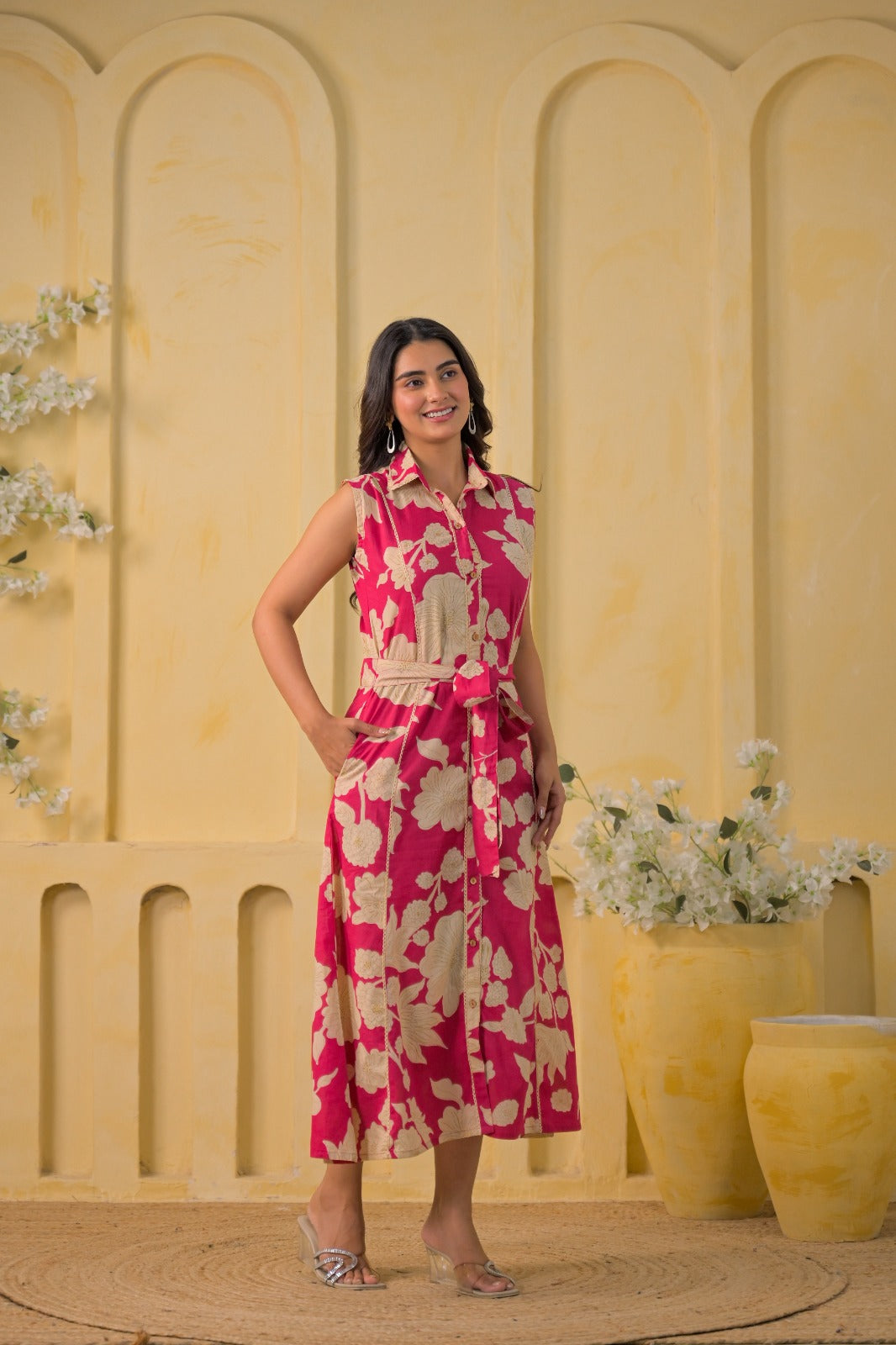 Floral Printed Sleeveless Shirt-Style Midi Dress