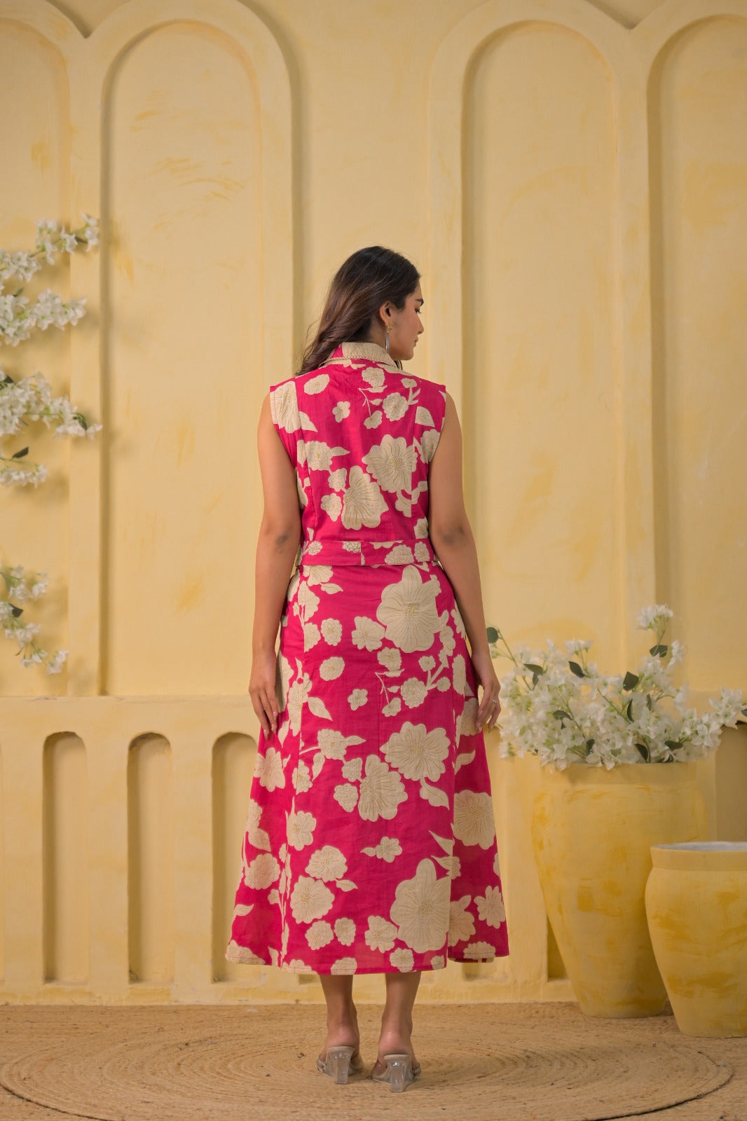 Floral Printed Sleeveless Shirt-Style Midi Dress