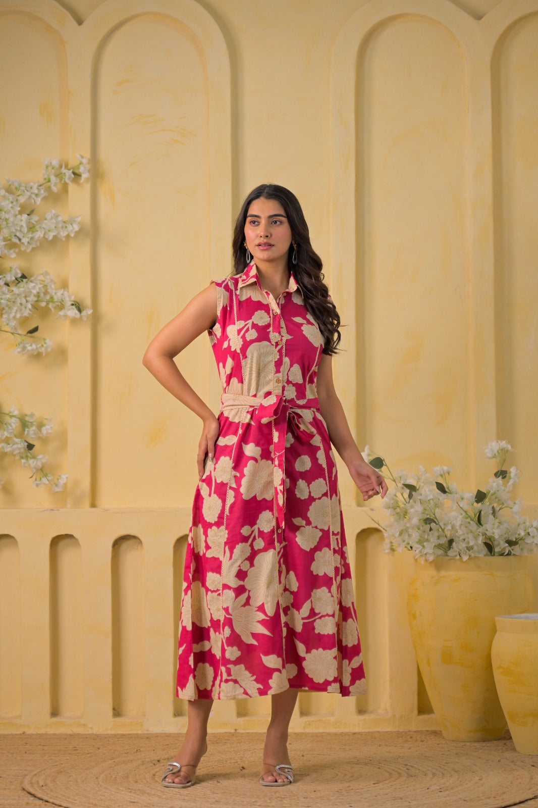 Floral Printed Sleeveless Shirt-Style Midi Dress