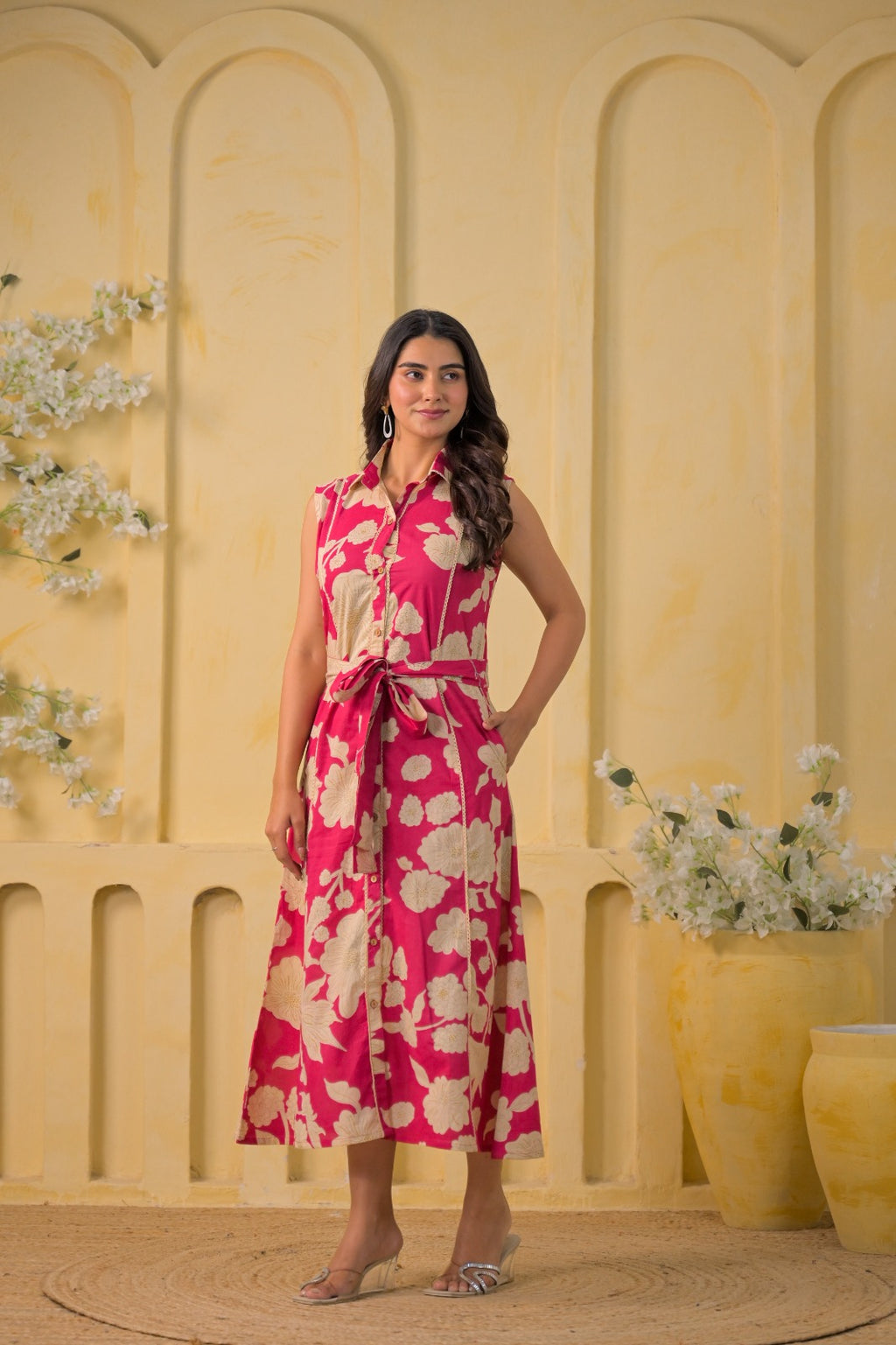 Floral Printed Sleeveless Shirt-Style Midi Dress