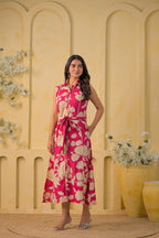 Floral Printed Sleeveless Shirt-Style Midi Dress