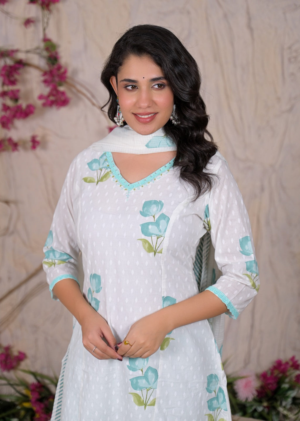 White Floral Printed Kurta Set with Dupatta