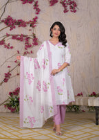 White Floral Printed Kurta Set with Dupatta