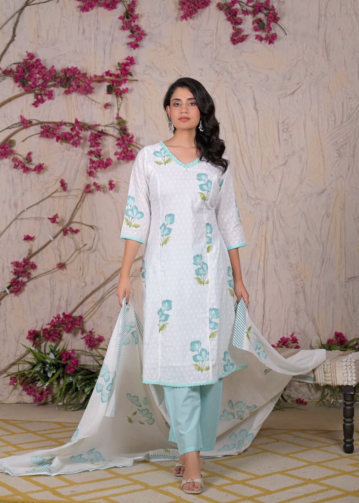 White Floral Printed Kurta Set with Dupatta