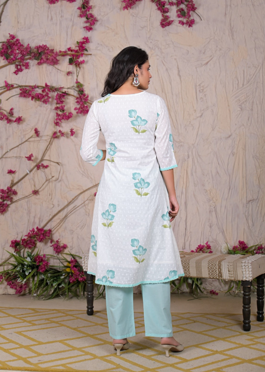 White Floral Printed Kurta Set with Dupatta