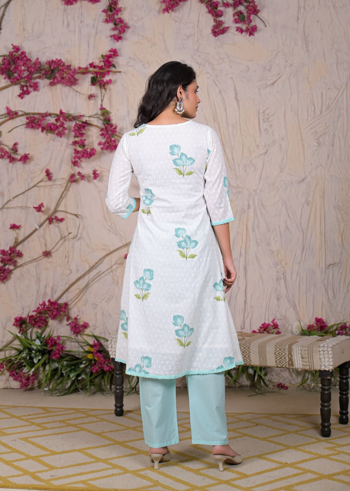 White Floral Printed Kurta Set with Dupatta