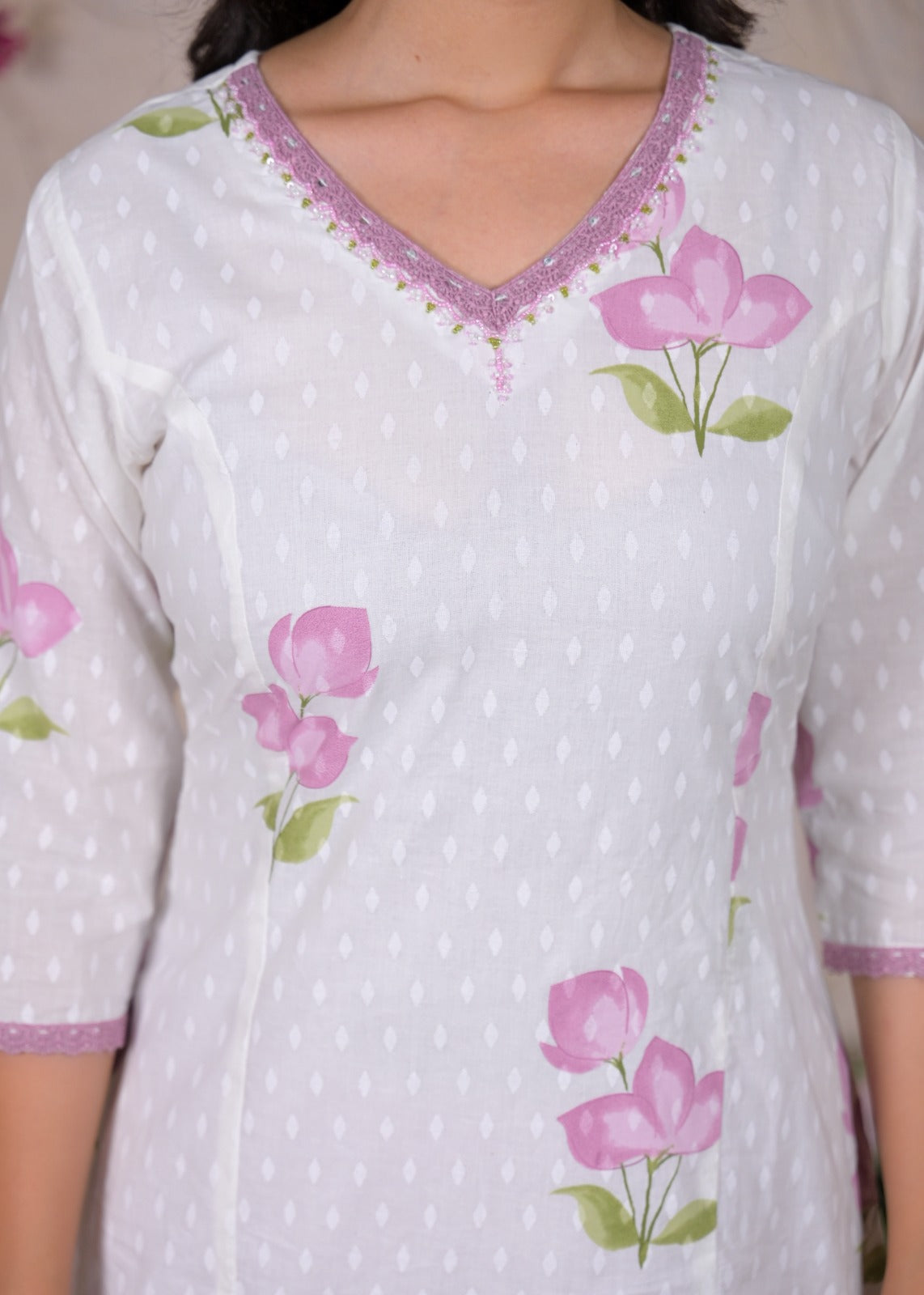 White Floral Printed Kurta Set with Dupatta