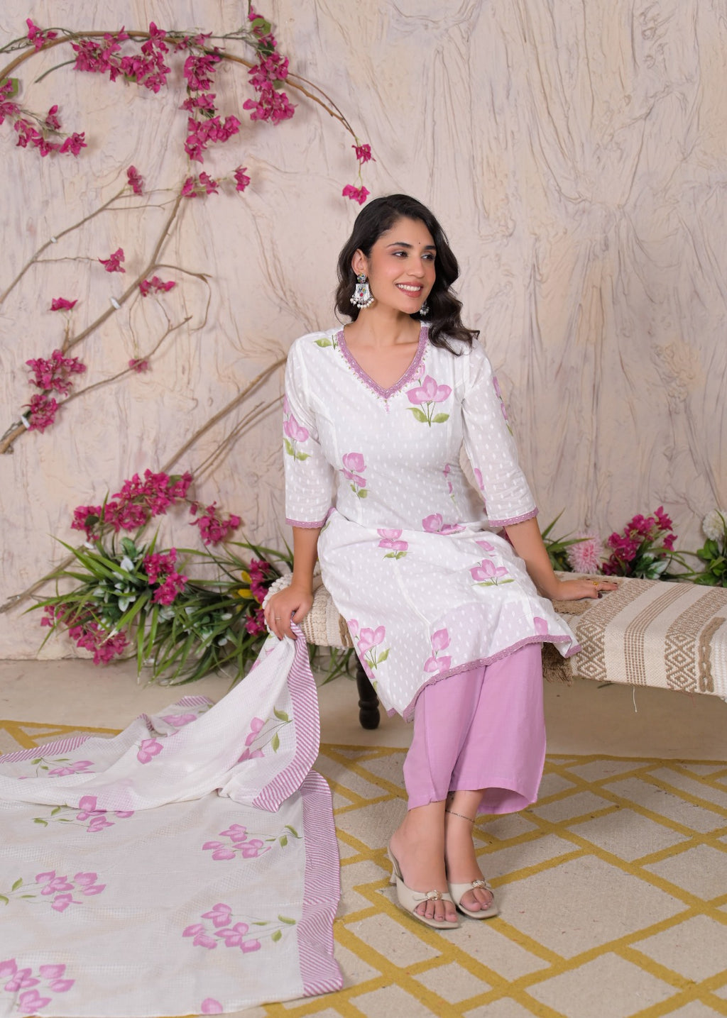White Floral Printed Kurta Set with Dupatta