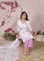 White Floral Printed Kurta Set with Dupatta