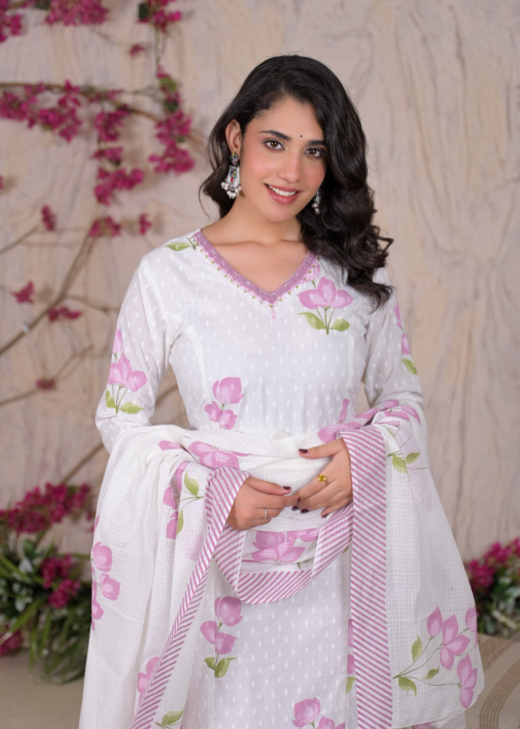 White Floral Printed Kurta Set with Dupatta