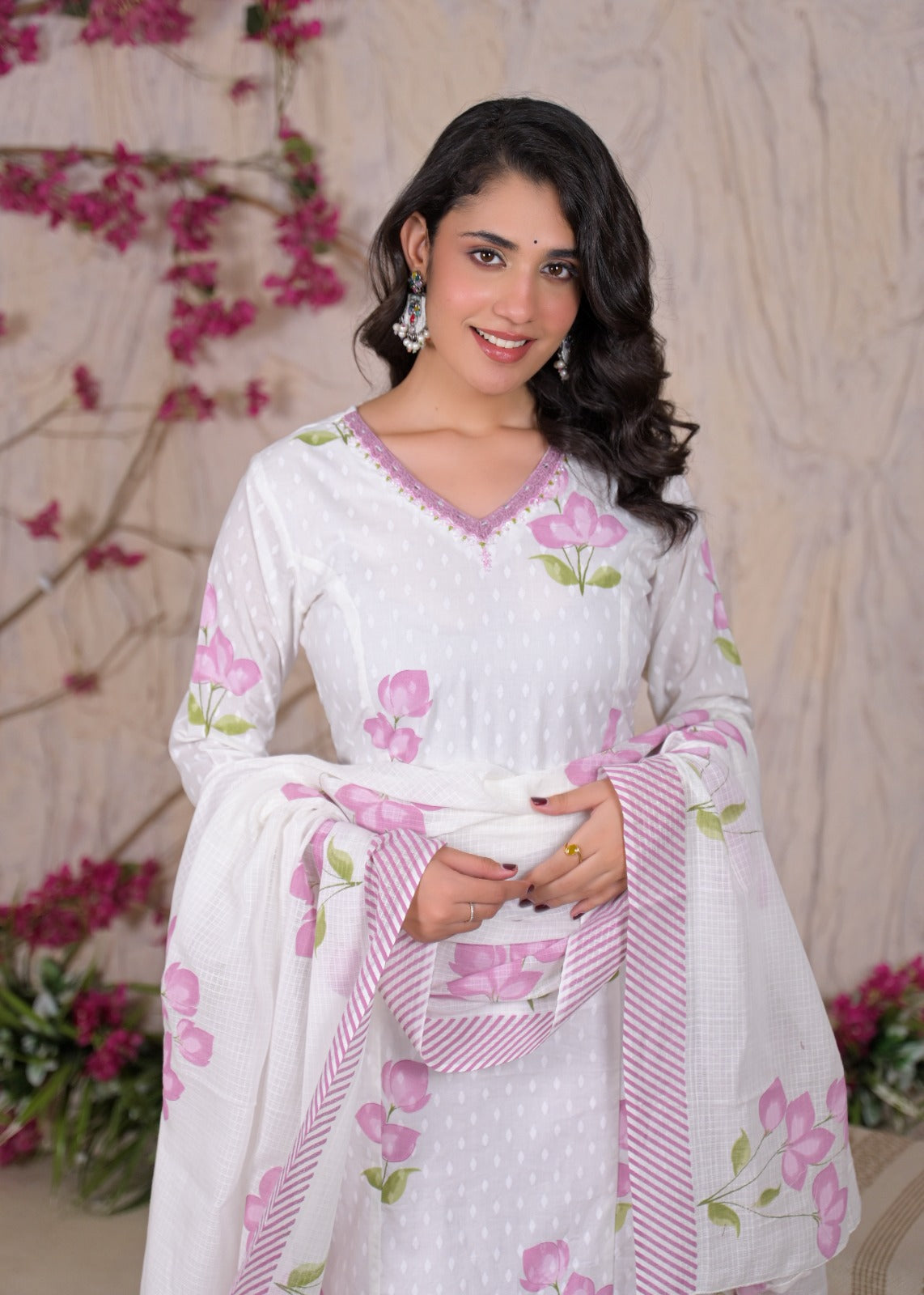 White Floral Printed Kurta Set with Dupatta
