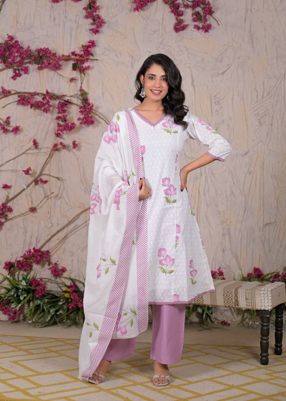 White Floral Printed Kurta Set with Dupatta