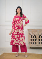 Women Floral Print Pleated Kurta Pant Set