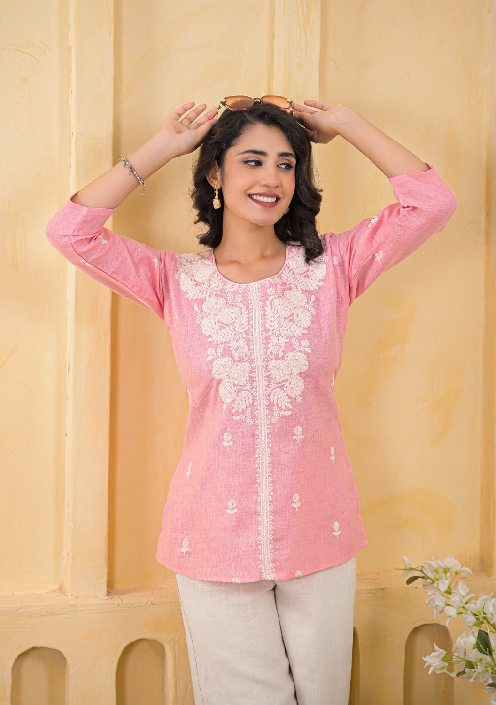 Women Chikankari Embroidered Ethnic Tunic Top