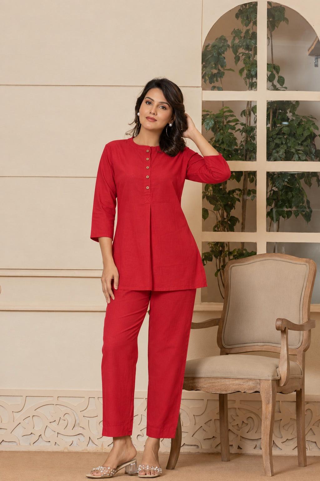 Pure Slub Cotton Button-Placket Tunic & Straight Pant Co-Ord Set