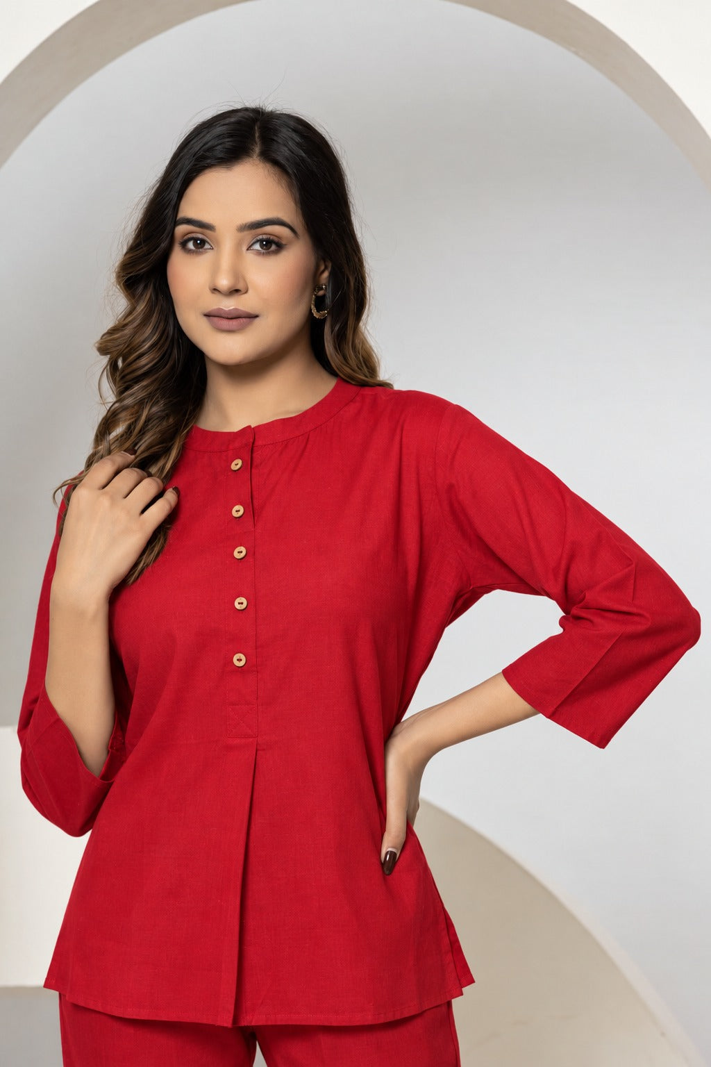 Pure Slub Cotton Button-Placket Tunic & Straight Pant Co-Ord Set