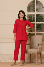 Pure Slub Cotton Button-Placket Tunic & Straight Pant Co-Ord Set