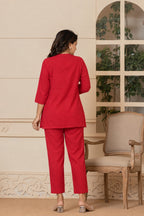 Pure Slub Cotton Button-Placket Tunic & Straight Pant Co-Ord Set