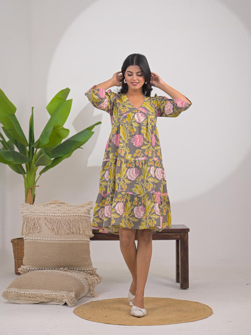 Abstract Printed Tiered Midi Dress