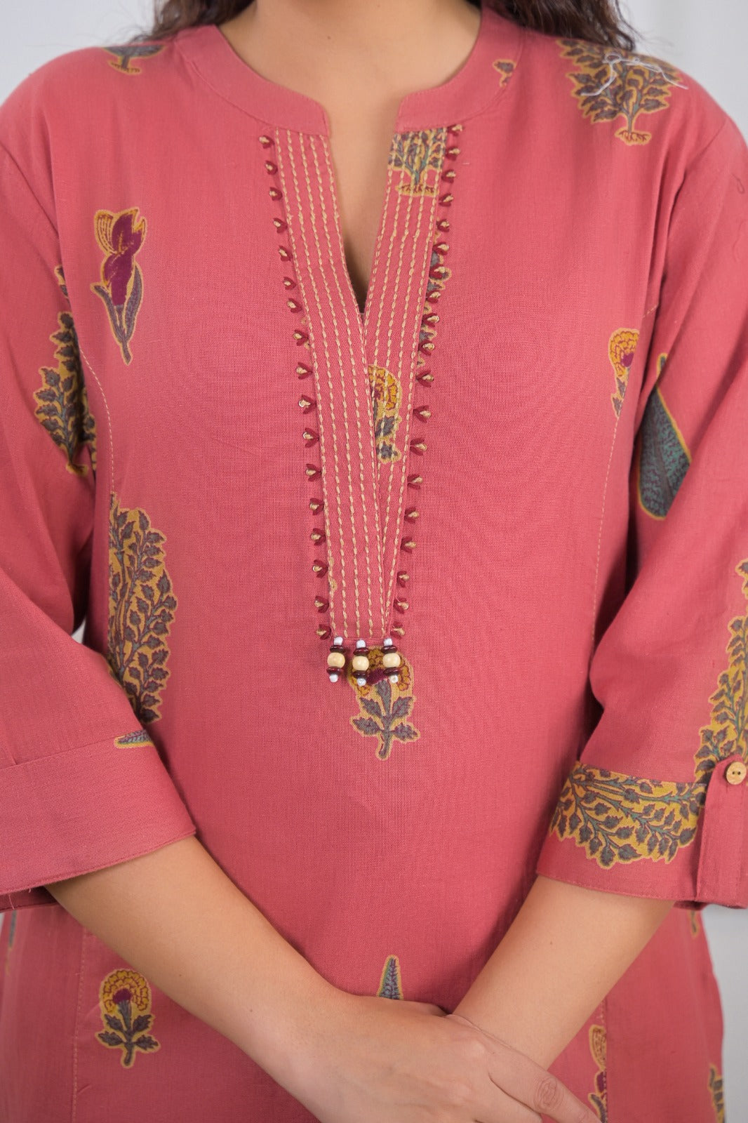 Rose Pink Ethnic Printed Straight Kurta Palazzo Set