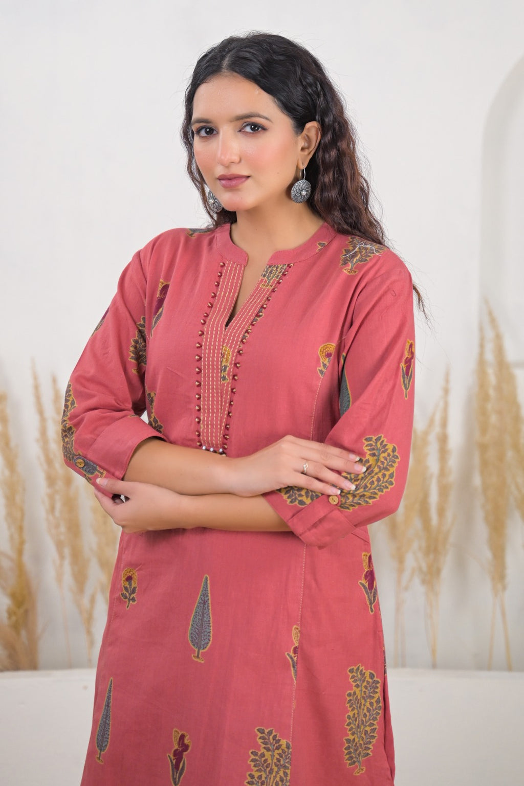 Rose Pink Ethnic Printed Straight Kurta Palazzo Set