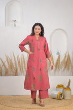 Rose Pink Ethnic Printed Straight Kurta Palazzo Set