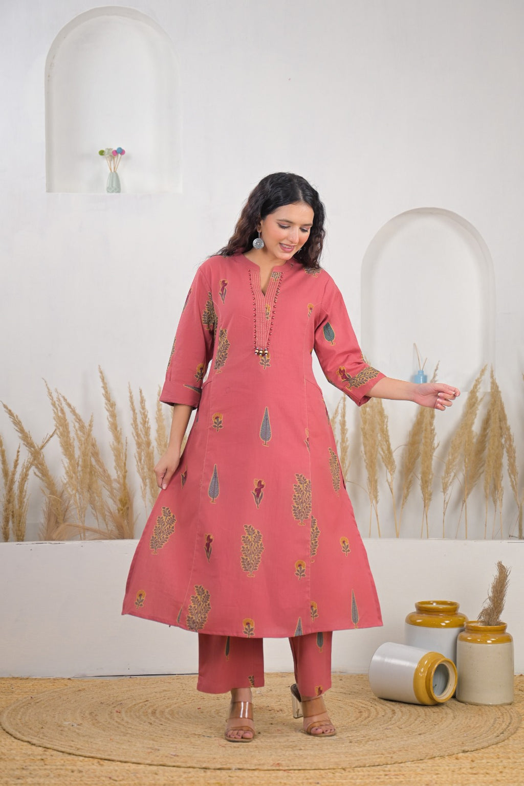Rose Pink Ethnic Printed Straight Kurta Palazzo Set