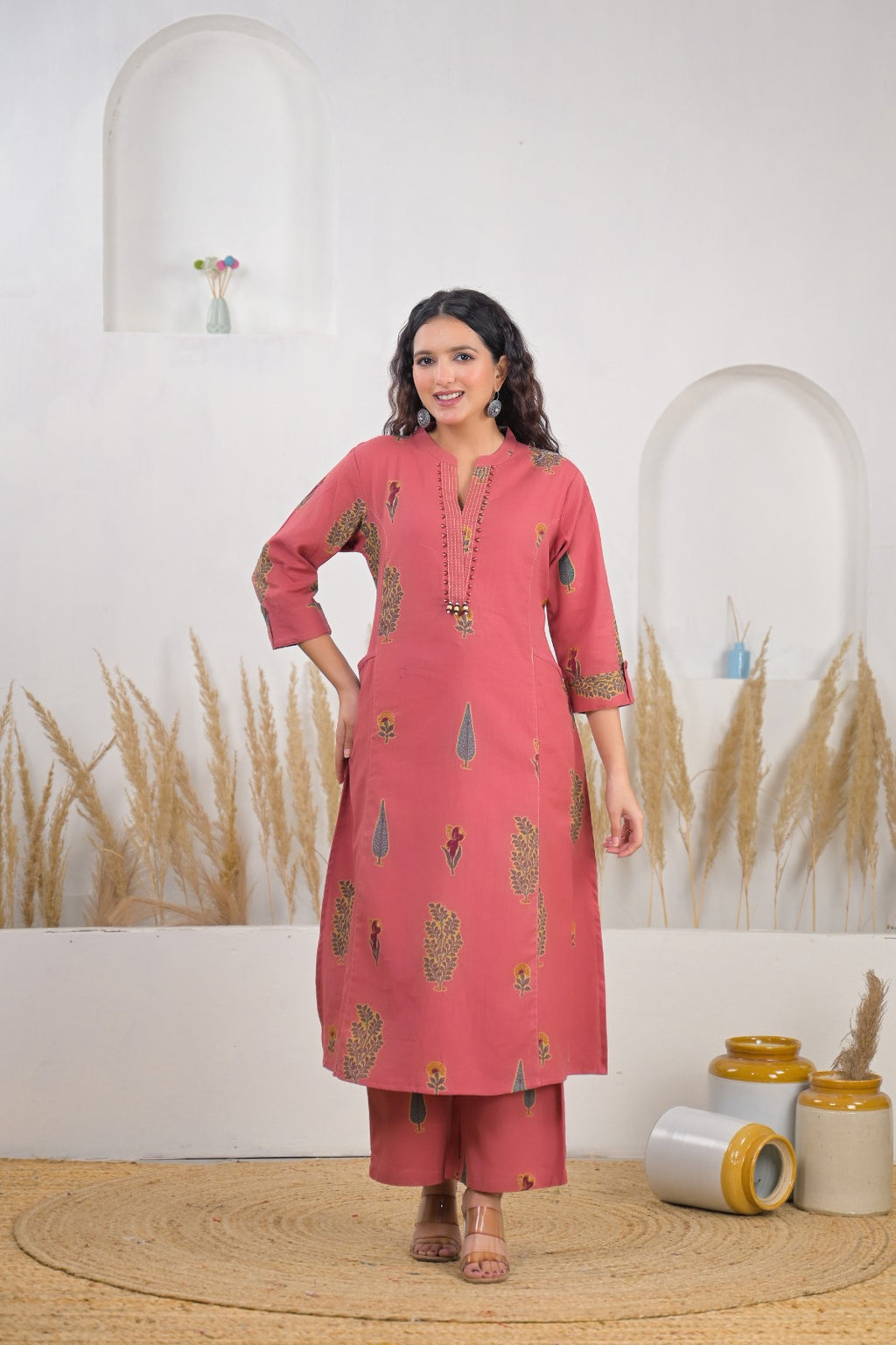 Rose Pink Ethnic Printed Straight Kurta Palazzo Set