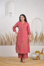 Rose Pink Ethnic Printed Straight Kurta Palazzo Set