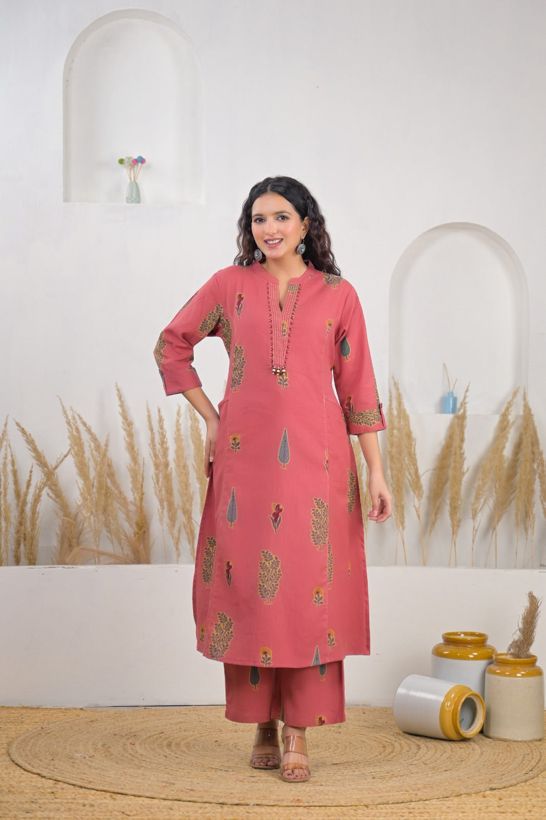 Rose Pink Ethnic Printed Straight Kurta Palazzo Set