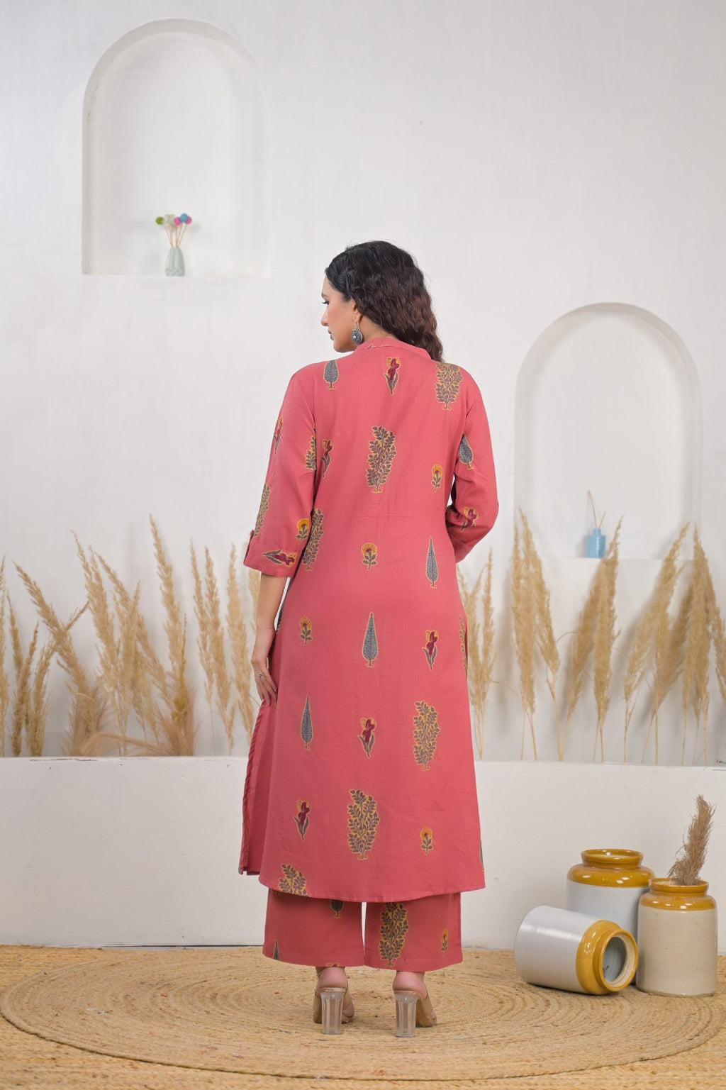 Rose Pink Ethnic Printed Straight Kurta Palazzo Set