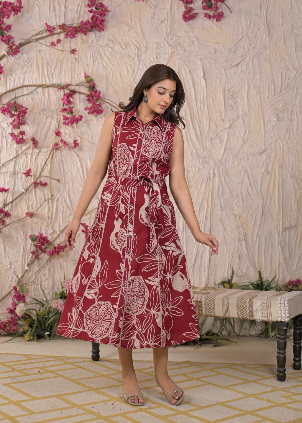 Floral Printed Sleeveless Shirt Dress