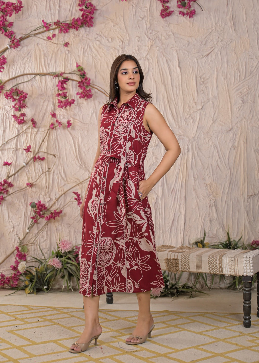 Floral Printed Sleeveless Shirt Dress