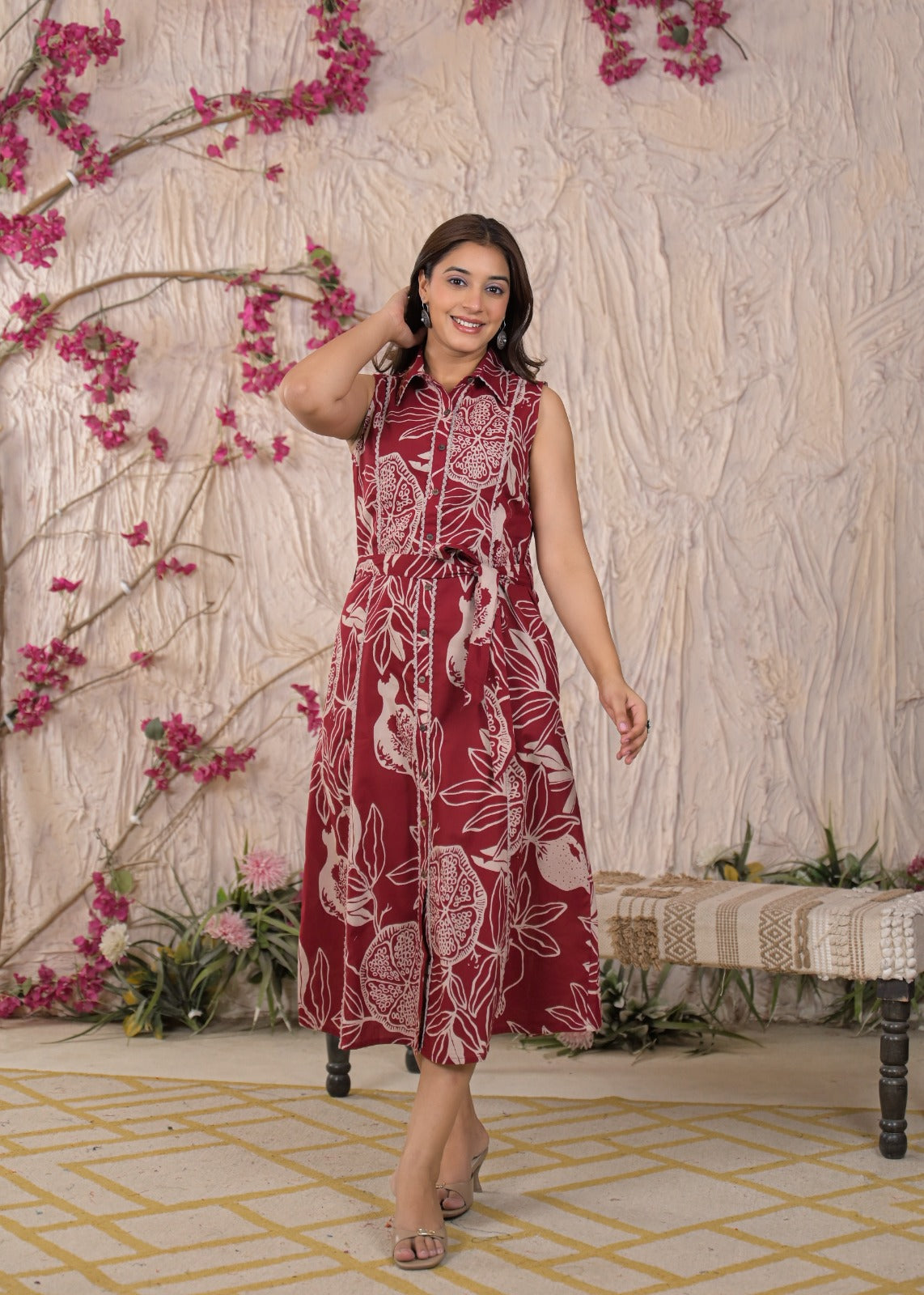 Floral Printed Sleeveless Shirt Dress