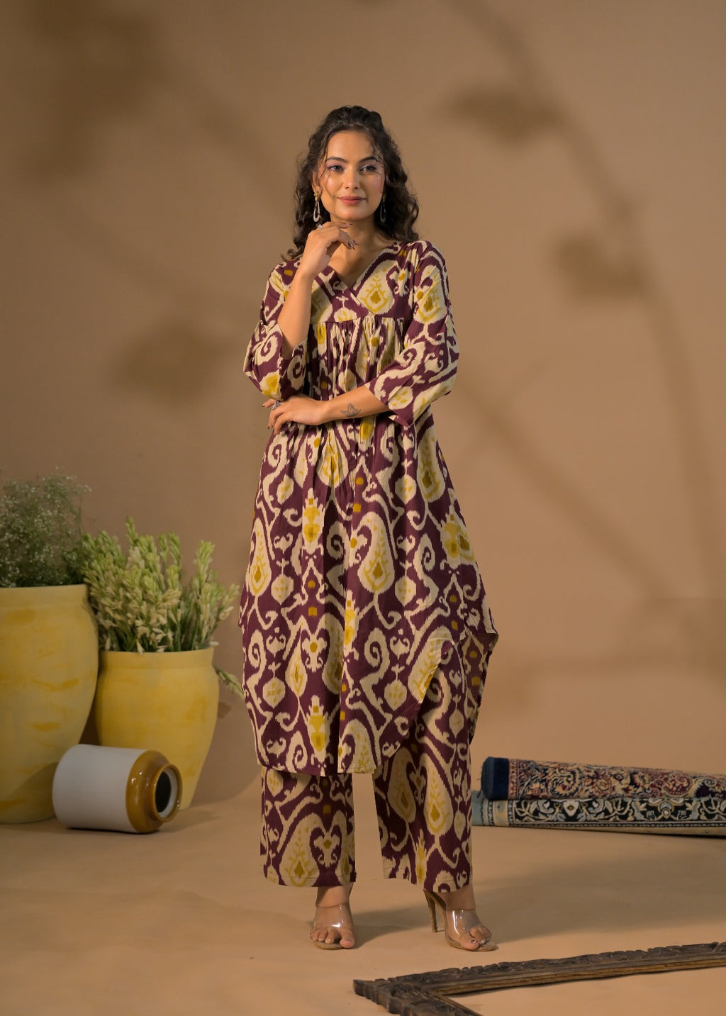 Ikat Print V-Neck Kurta Pant Set