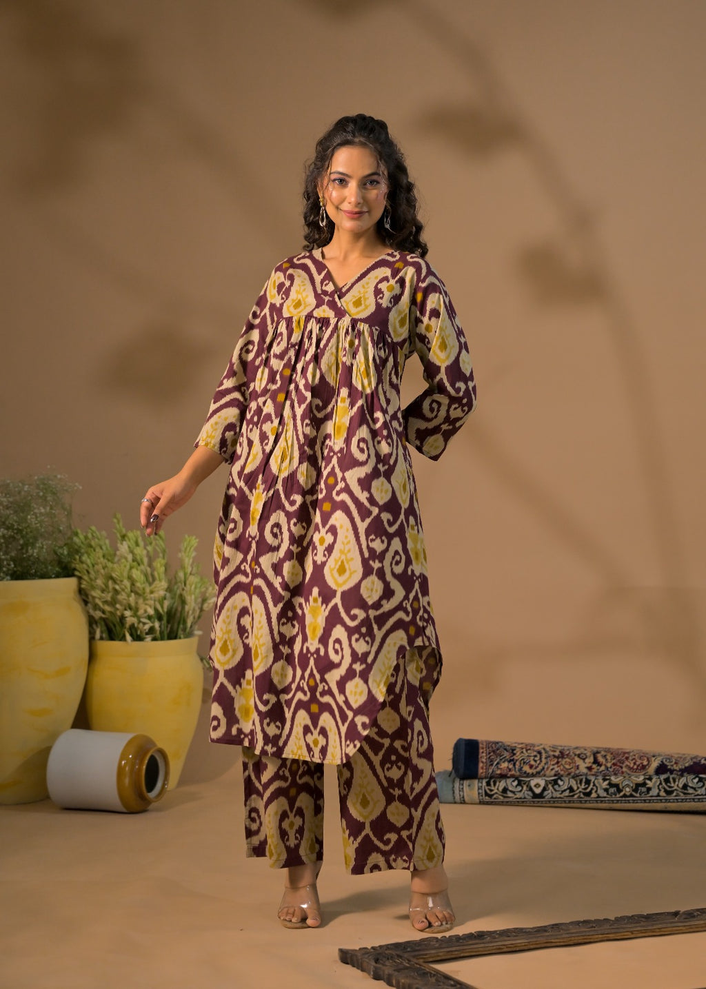 Ikat Print V-Neck Kurta Pant Set