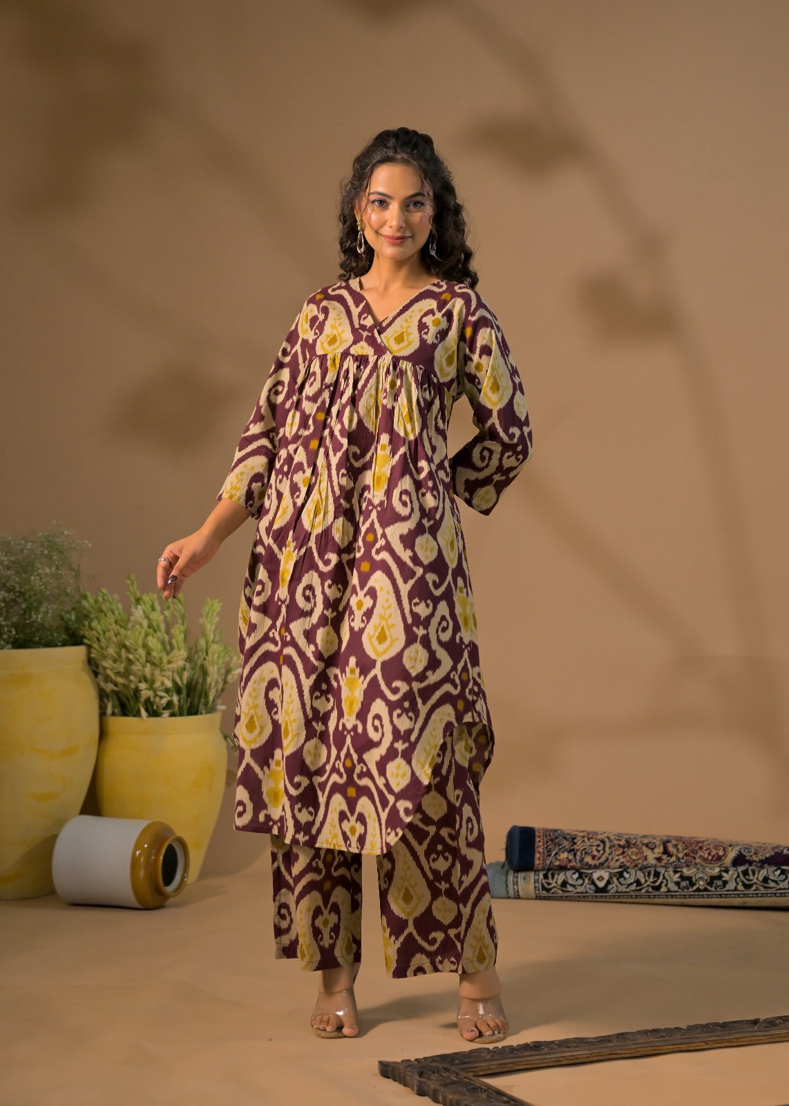 Ikat Print V-Neck Kurta Pant Set
