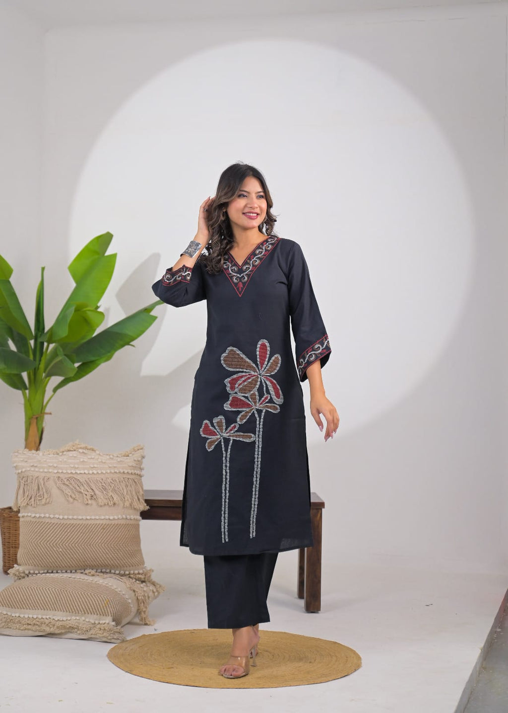 Embroidered V-Neck Straight Kurta Pant Set