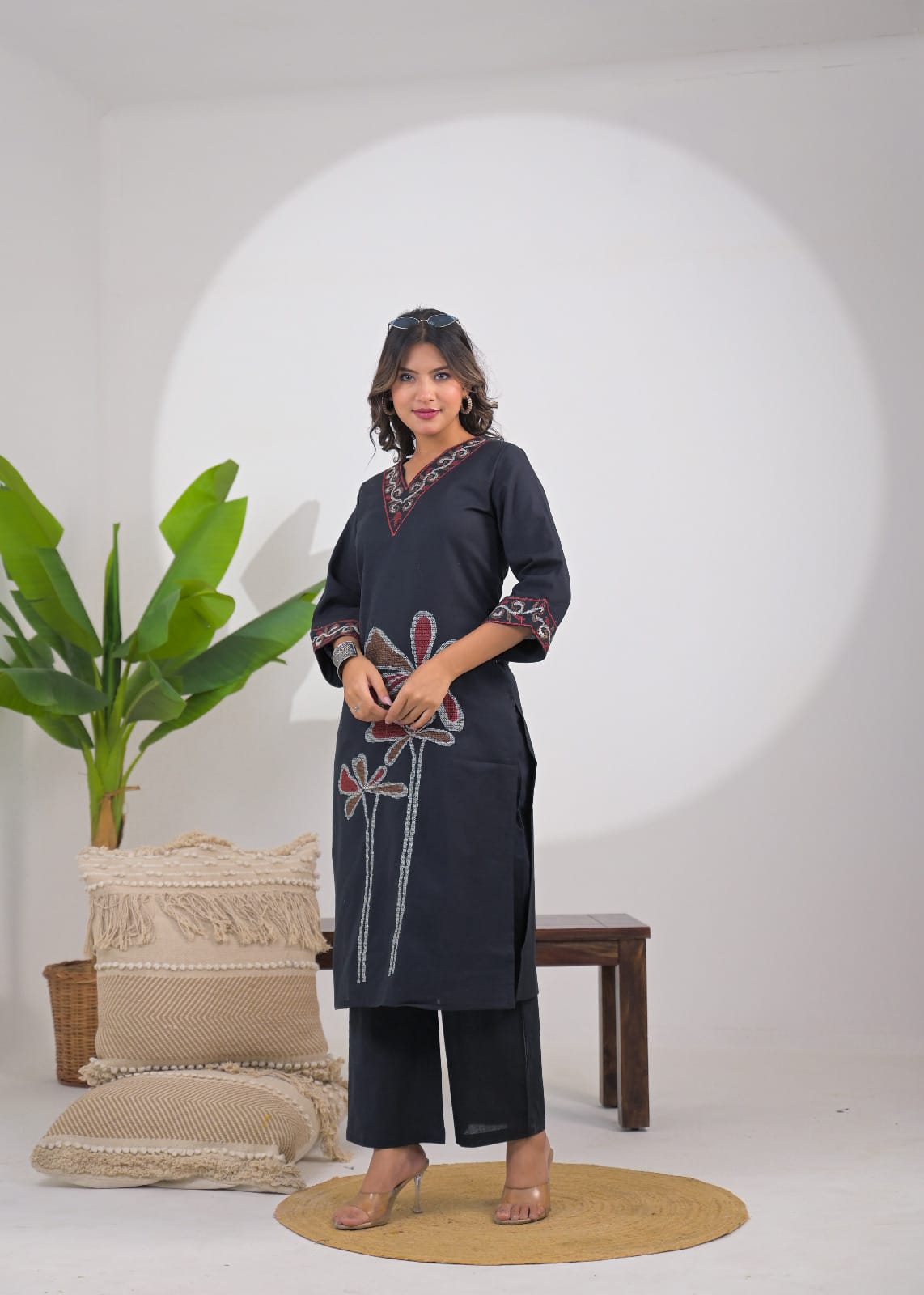 Embroidered V-Neck Straight Kurta Pant Set