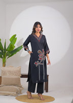 Embroidered V-Neck Straight Kurta Pant Set