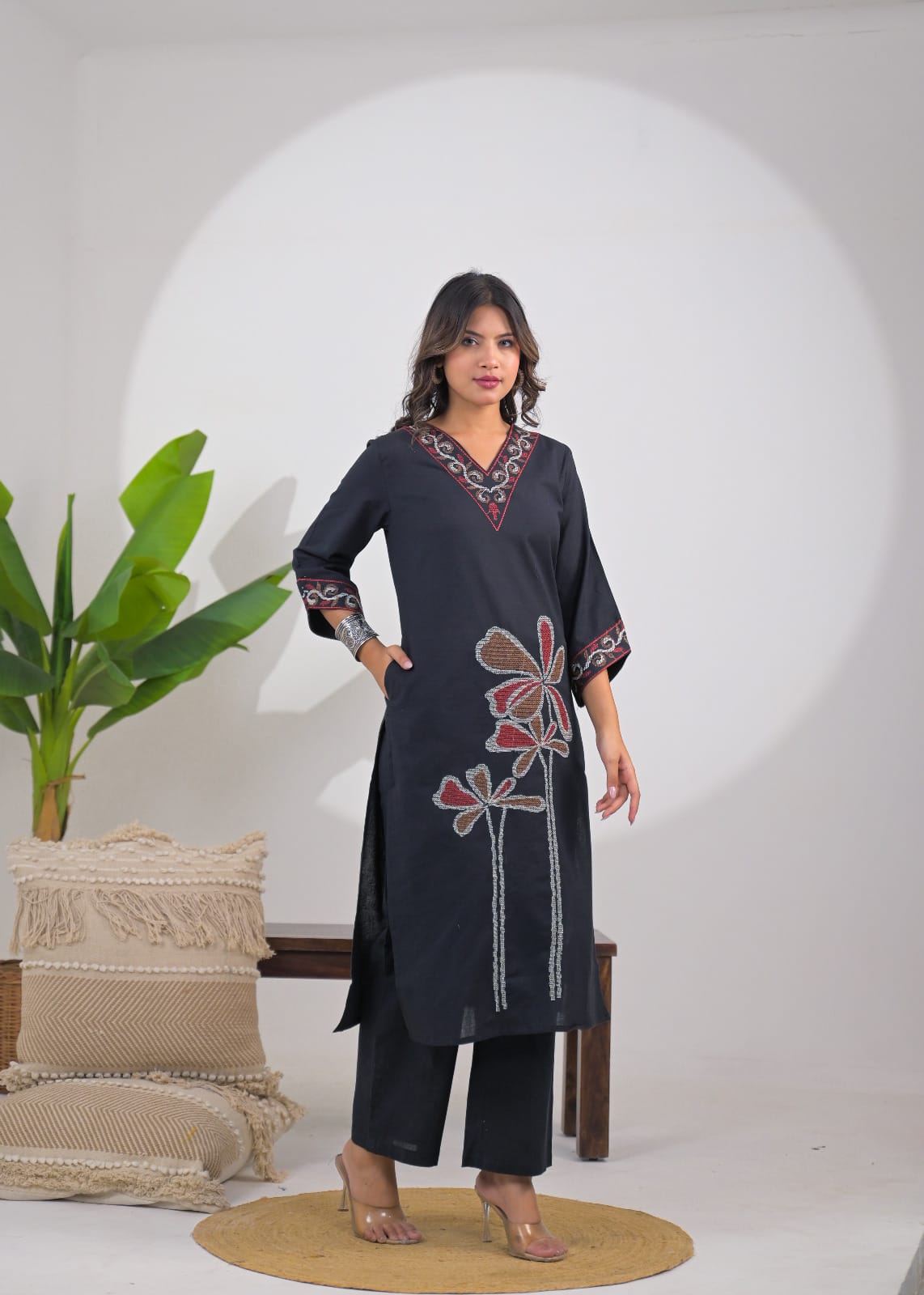 Embroidered V-Neck Straight Kurta Pant Set