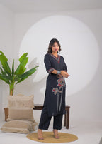 Embroidered V-Neck Straight Kurta Pant Set